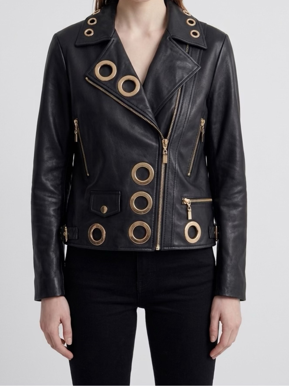 Black Leather Moto Jacket with Gold Grommet Accents